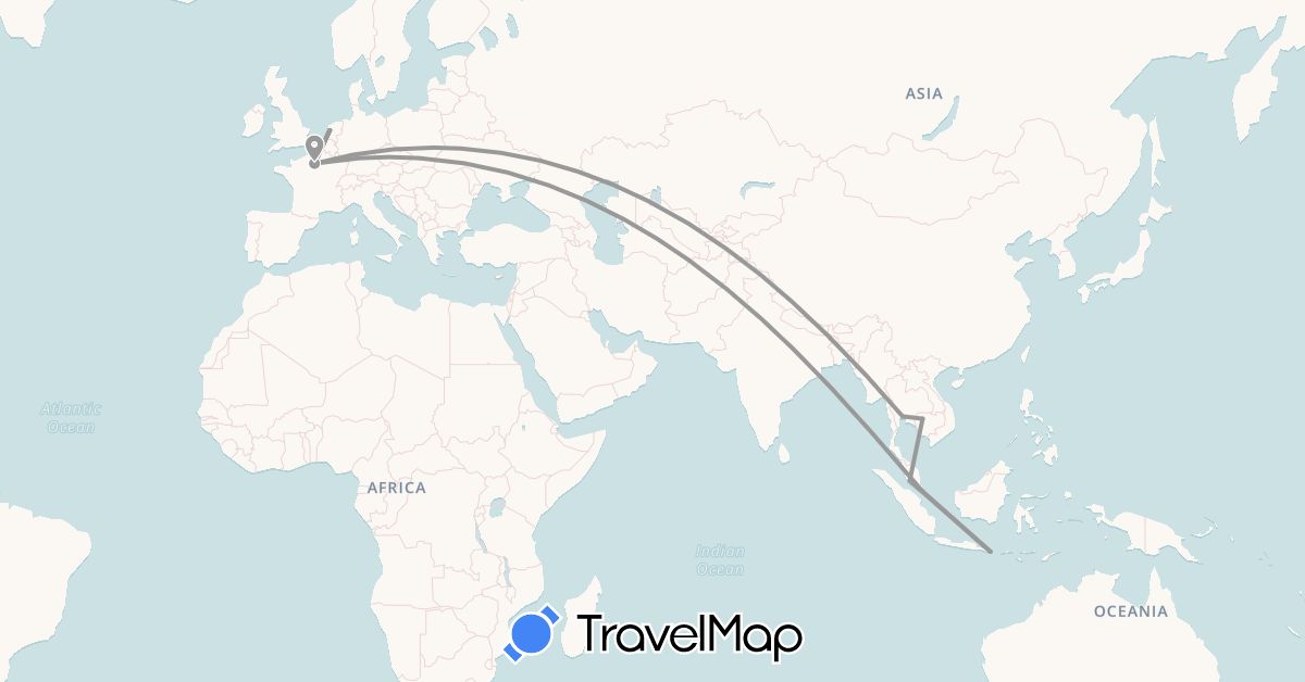 TravelMap itinerary: driving, plane in France, Indonesia, Cambodia, Malaysia, Netherlands, Singapore, Thailand (Asia, Europe)